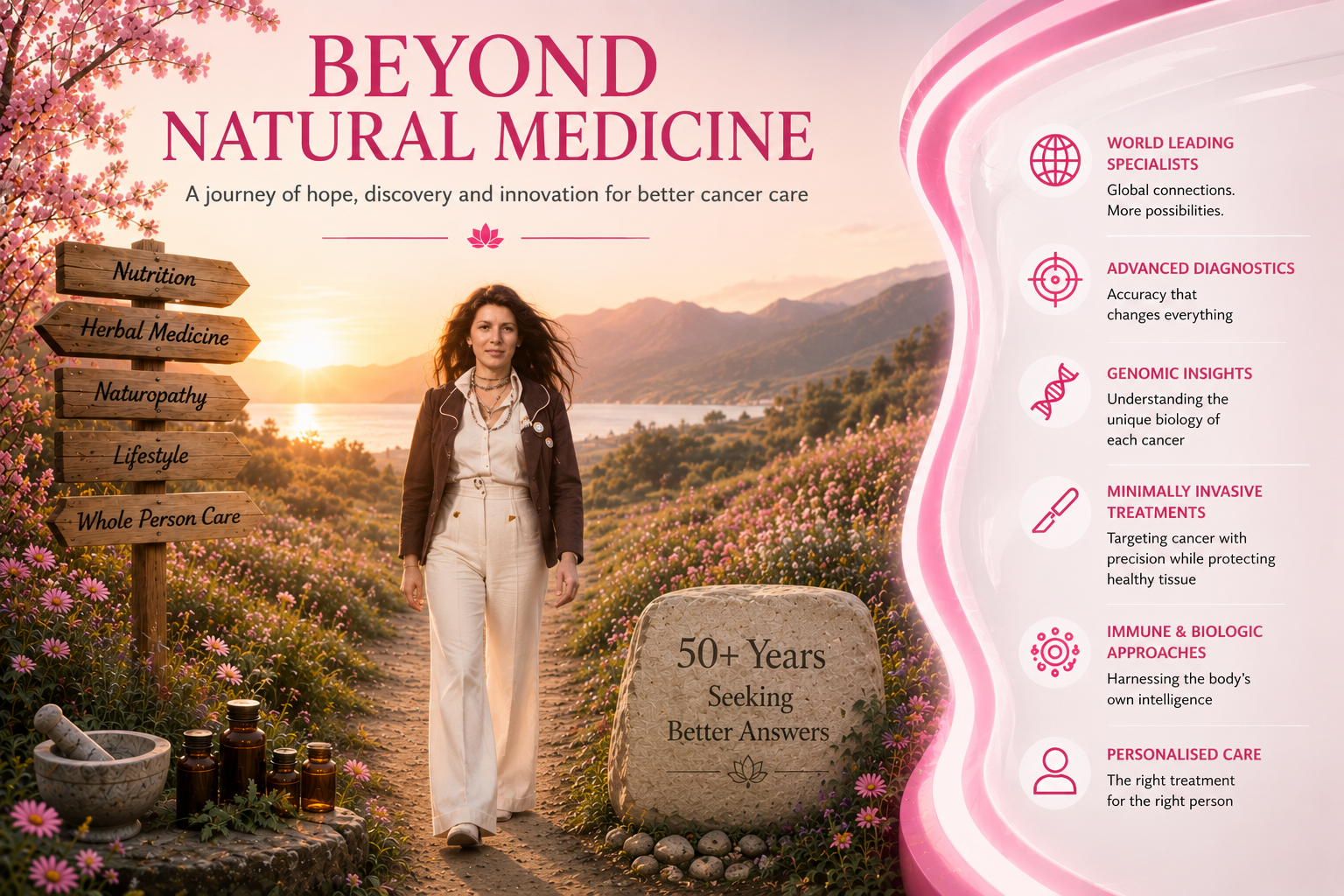 Woman walking through flowers promoting integrative cancer care