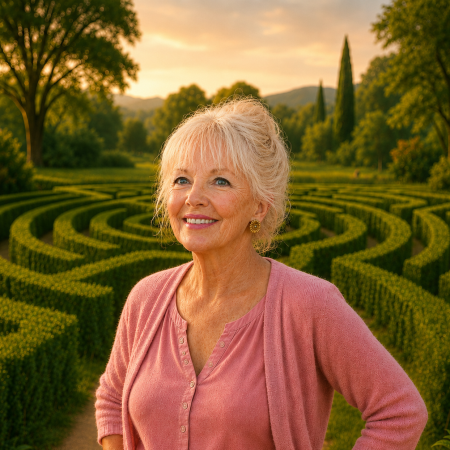 Smiling elderly woman in hedge maze at sunset
